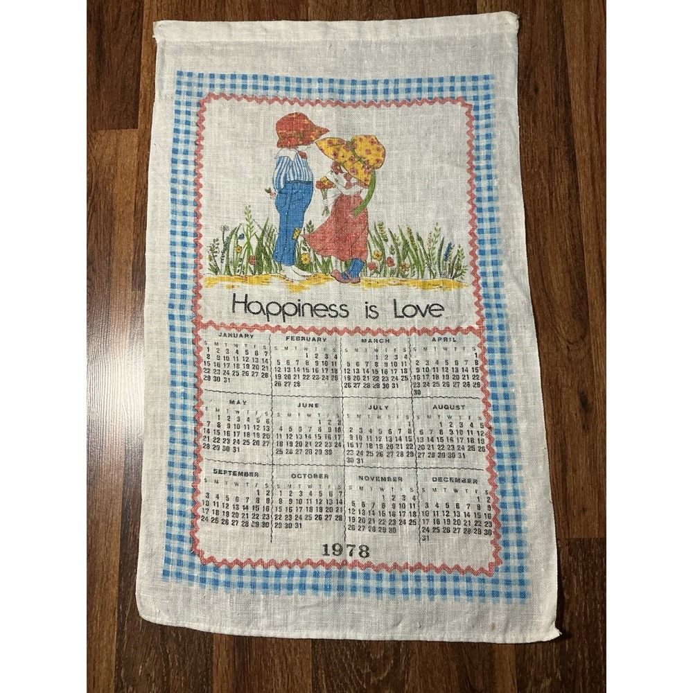 1978 HAPPINESS IS LOVE Calender Retro Wall Hanging Linen Tea Towel 25in x 16in